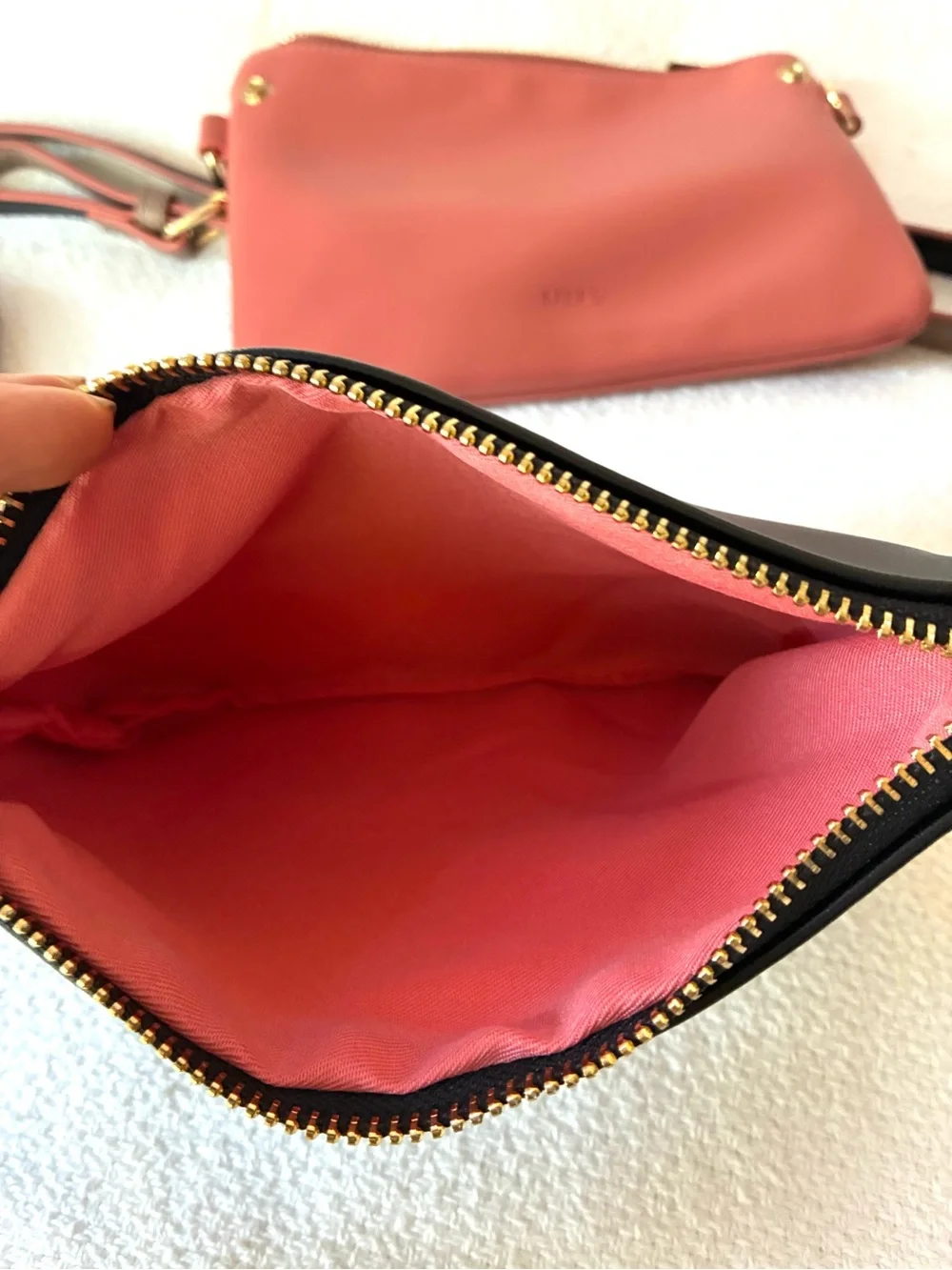 Three-Piece Vegan Leather Crossbody Set in Black, Coral & Taupe NWT